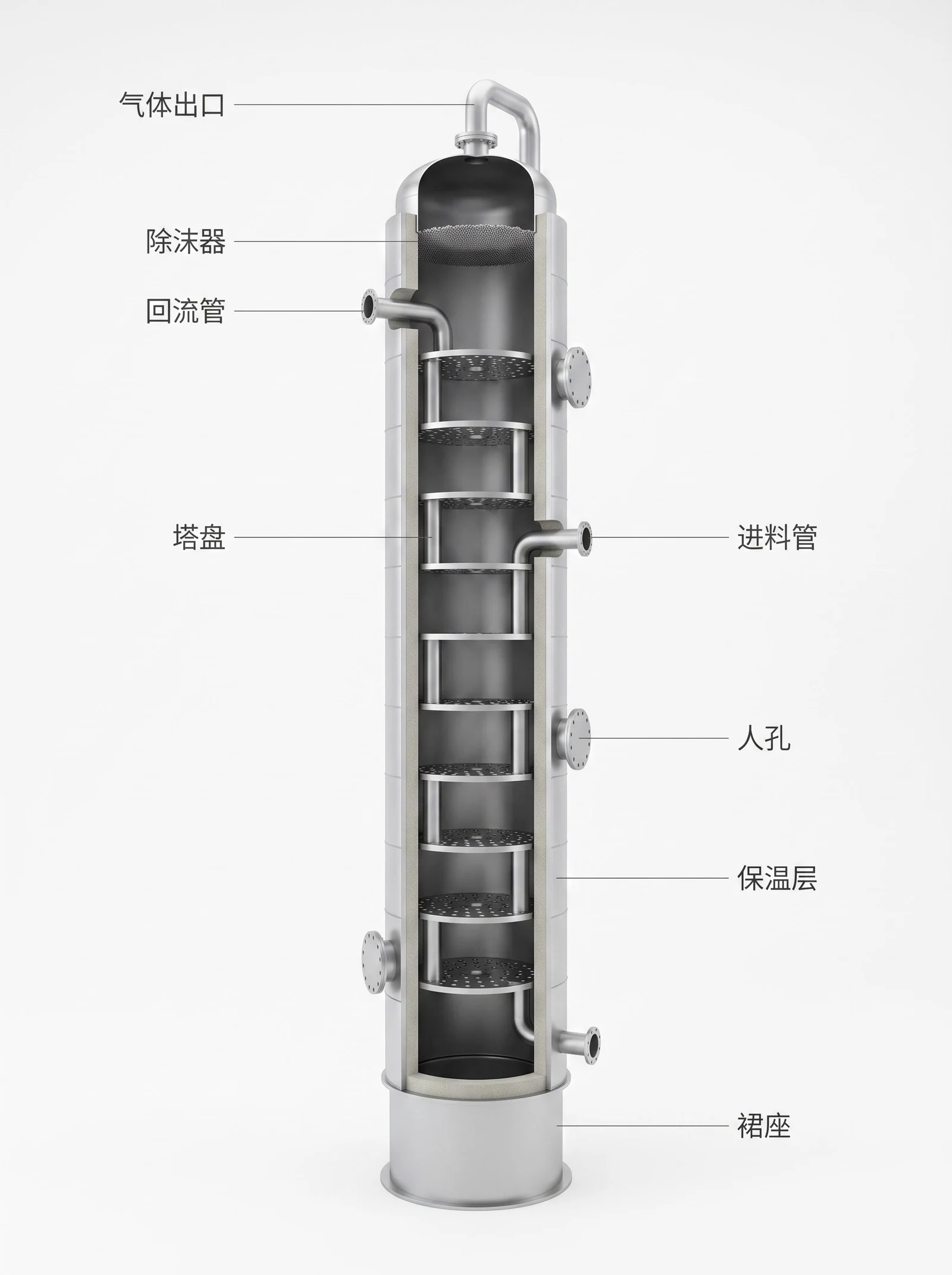 板式精馏塔整体剖视：气体出口、除沫器、回流管、塔盘、进料管、人孔、保温层、裙座