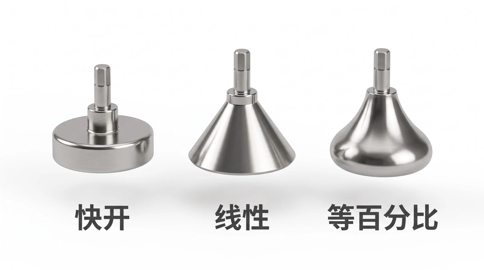 快开、线性、等百分比三种调节阀阀芯的外形轮廓对比：平盘形、正圆锥形、向外鼓的抛物线形
