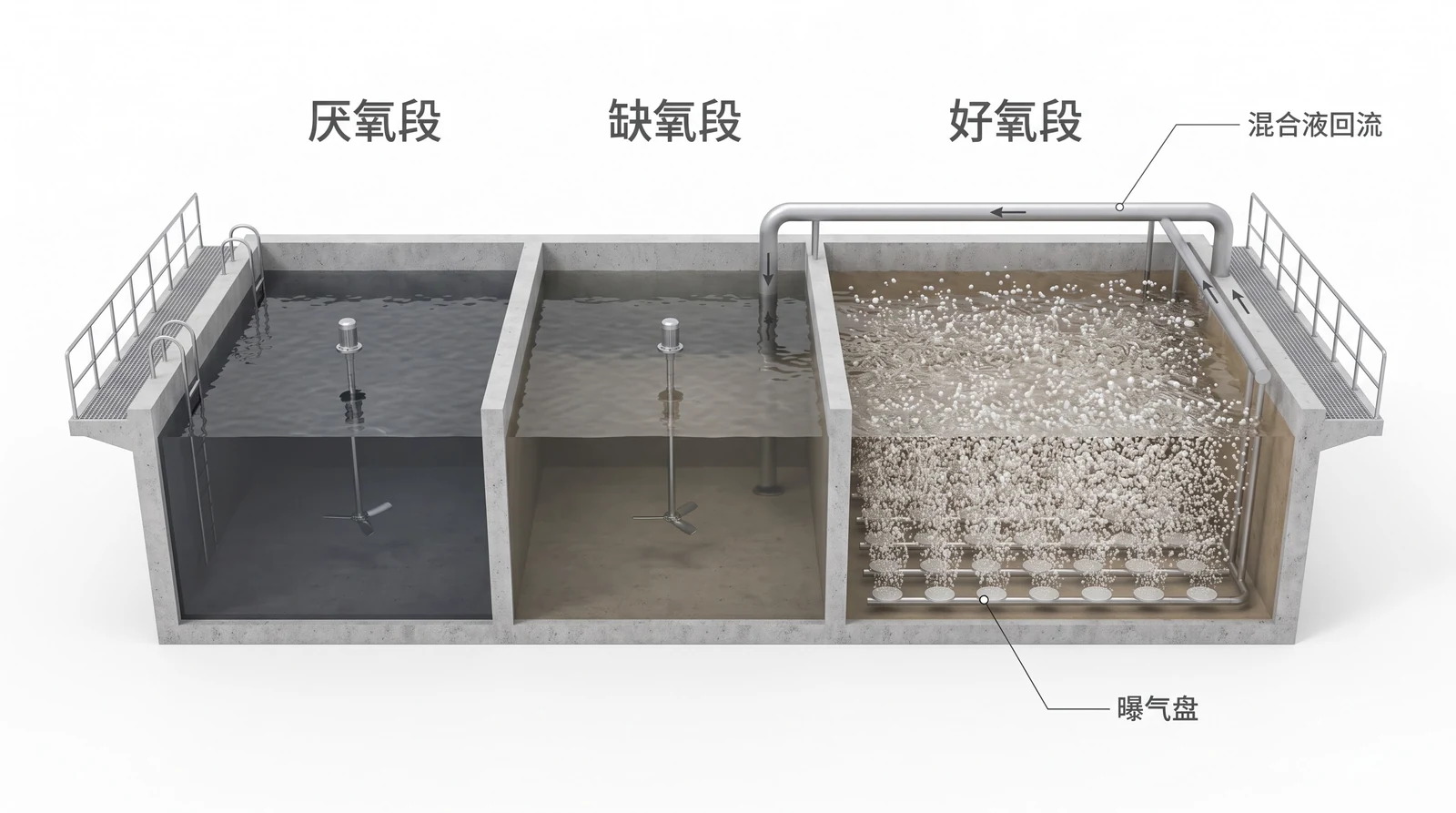 A2O生化池剖视图，三格依次为厌氧段、缺氧段（均为慢速搅拌无气泡）与好氧段（池底曝气盘密集气泡），上方有混合液回流管