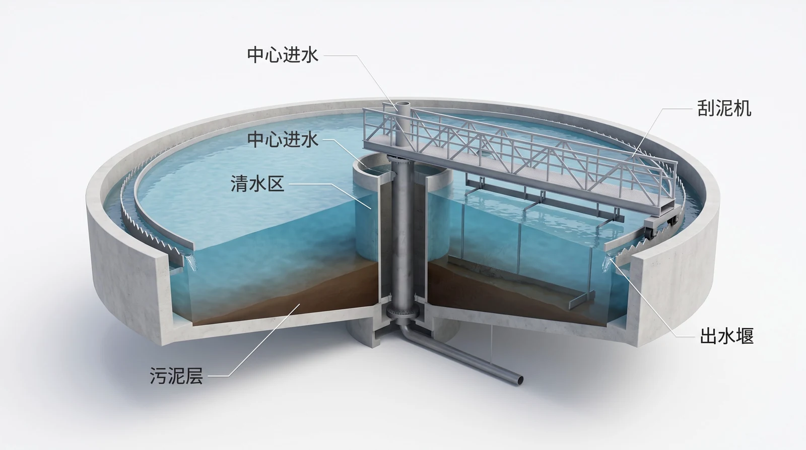 圆形辐流式二次沉淀池剖视图，可见中心进水管、导流筒、上部清水区、底部污泥层、刮泥机与外圈出水堰