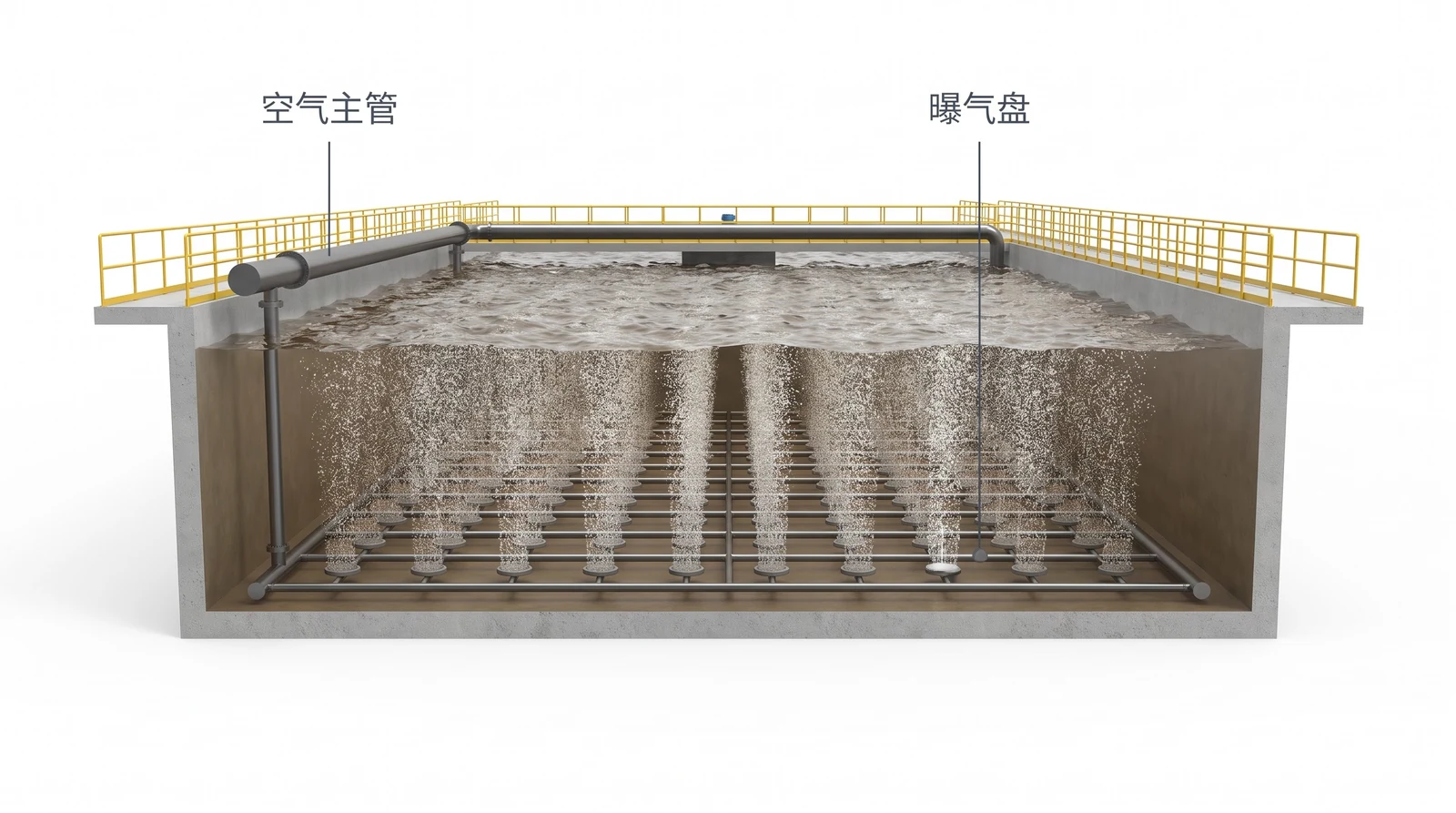 好氧池底部曝气系统剖视：池底细管格栅上的圆盘形曝气盘冒出气泡柱、池顶走道上的空气主管与沿池壁下行的立管
