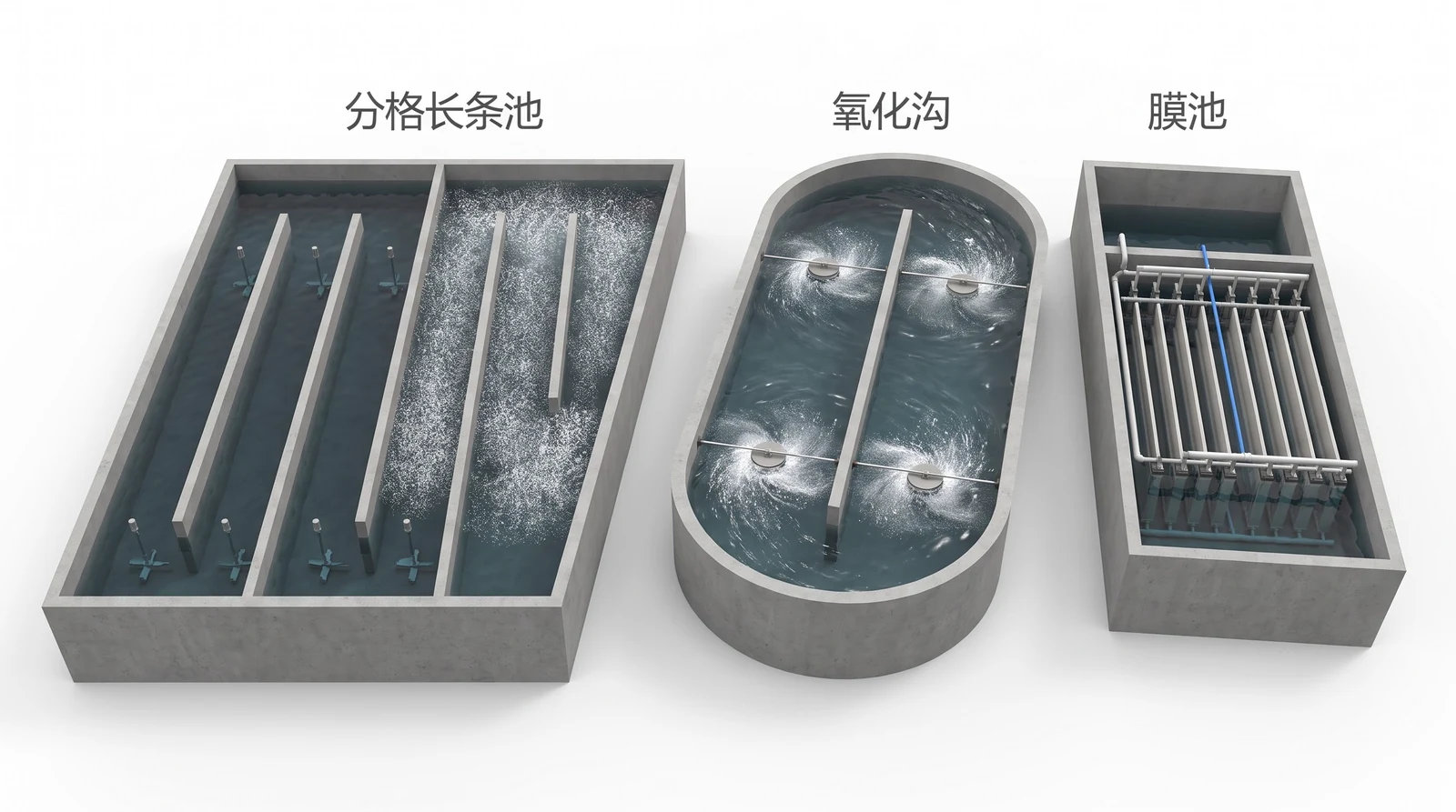 三种生物池形态俯视对比：隔墙分成折返廊道的A2O分格长条池、跑道形氧化沟与转碟曝气机、浸没膜组件的MBR膜池