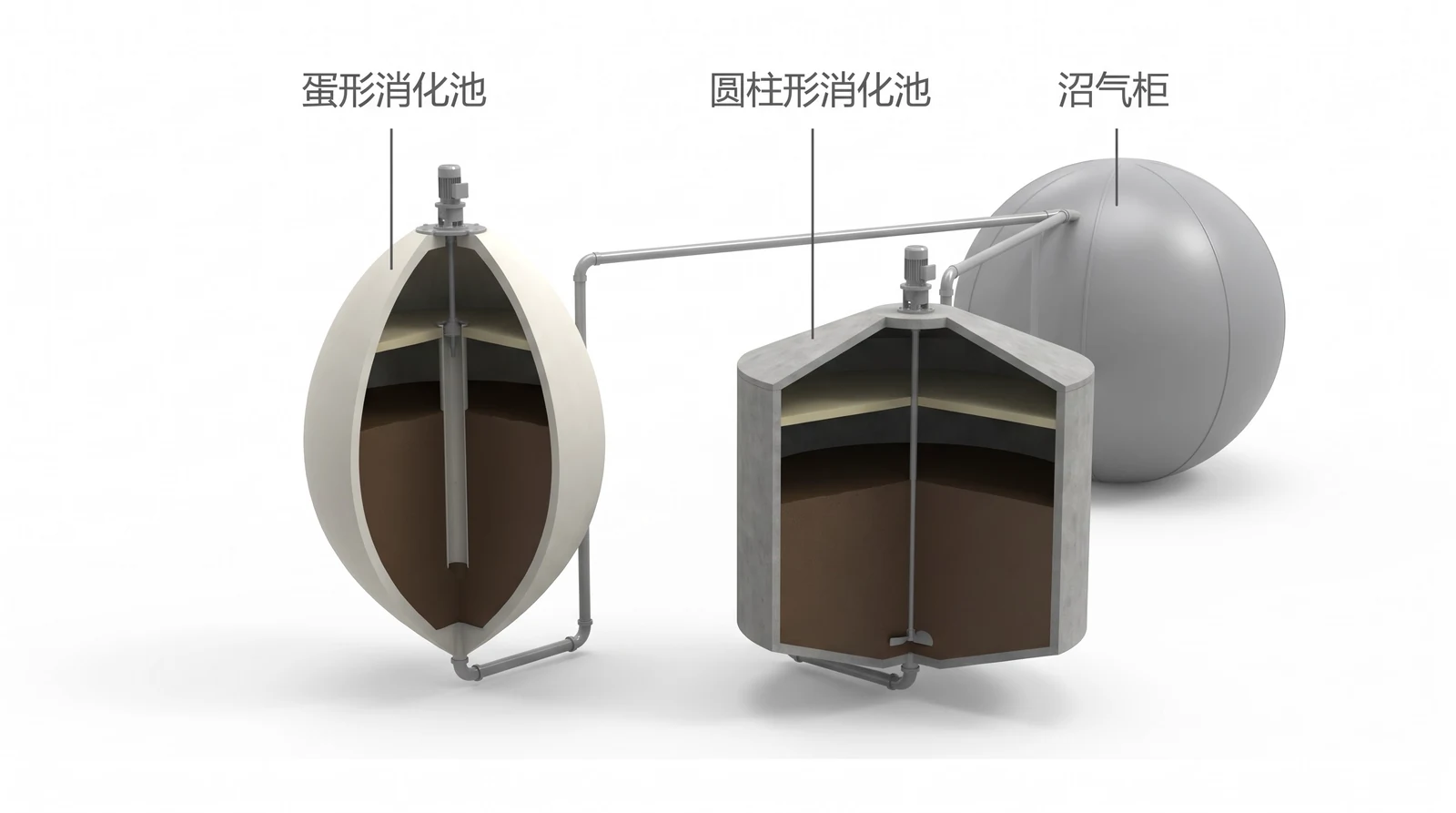 蛋形消化池与圆柱形消化池剖视对比：蛋形壳体内的中心导流筒与顶部气体空间、圆柱池的锥顶锥底与立式搅拌机、后方球形双膜沼气柜