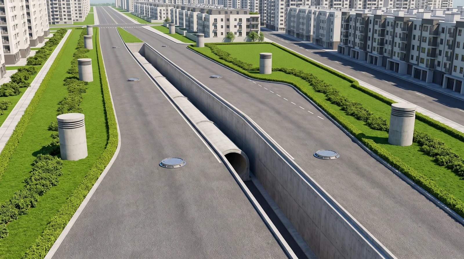 城市地下综合管廊的鸟瞰示意：路面下一条混凝土管廊，地面上可见投料口与通风口