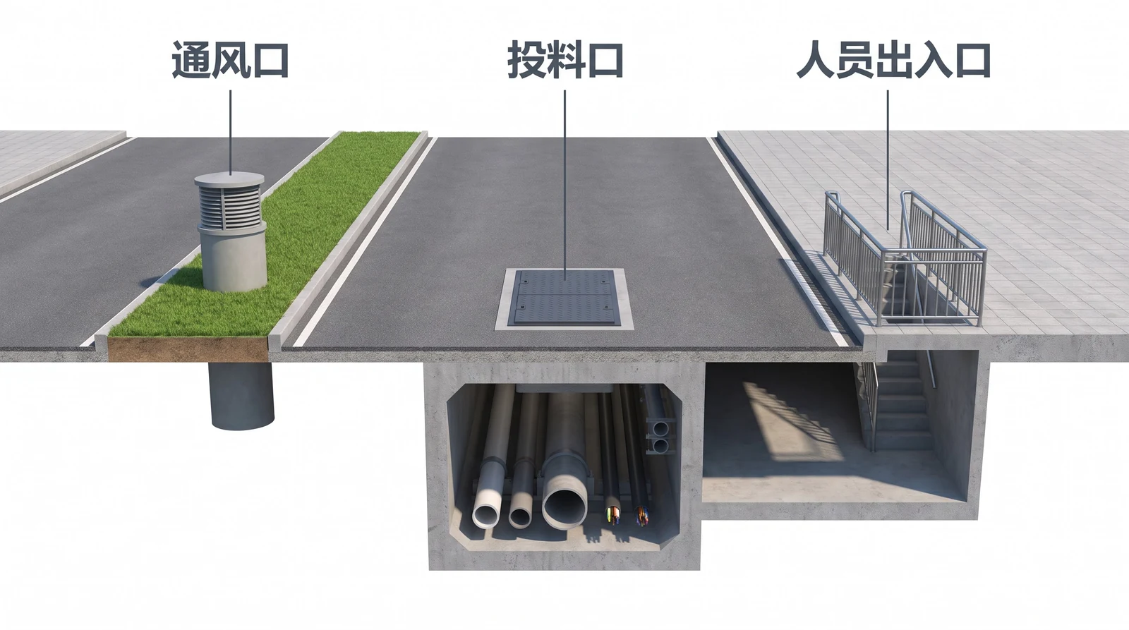 综合管廊地面节点示意：通风口、投料口、人员出入口三个节点在道路旁，简体中文标签