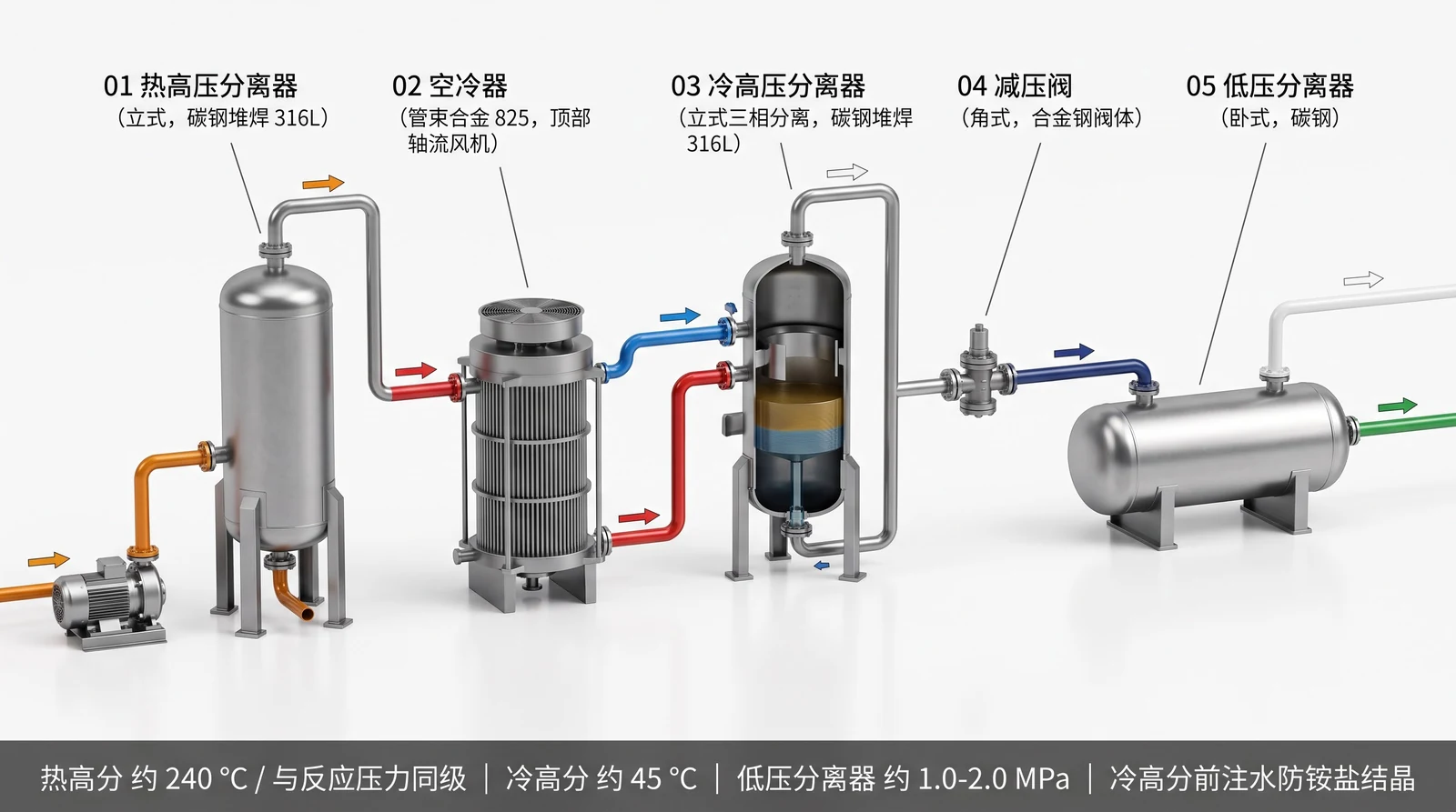 加氢装置分离段：热高压分离器、空冷器、冷高压分离器、减压阀、低压分离器