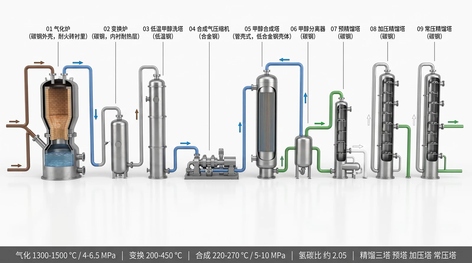 煤制甲醇装置完整工艺流程：气化炉、变换炉、低温甲醇洗塔、合成气压缩机、甲醇合成塔、甲醇分离器、三座精馏塔