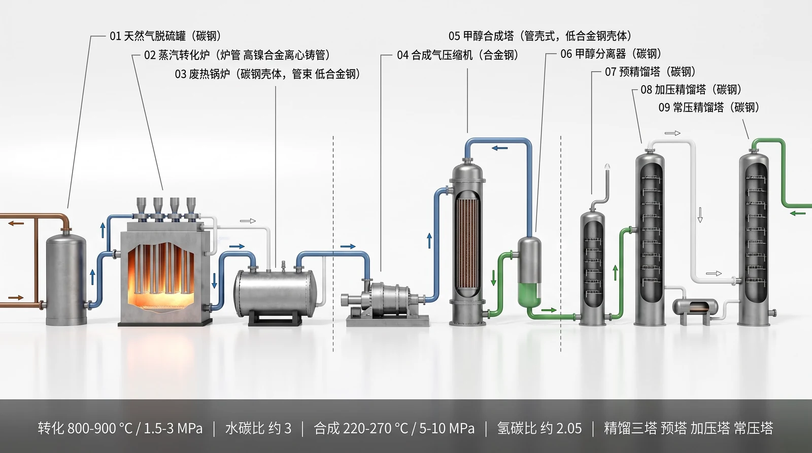 天然气制甲醇装置完整工艺流程：脱硫罐、蒸汽转化炉、废热锅炉、合成气压缩机、甲醇合成塔、甲醇分离器、三座精馏塔