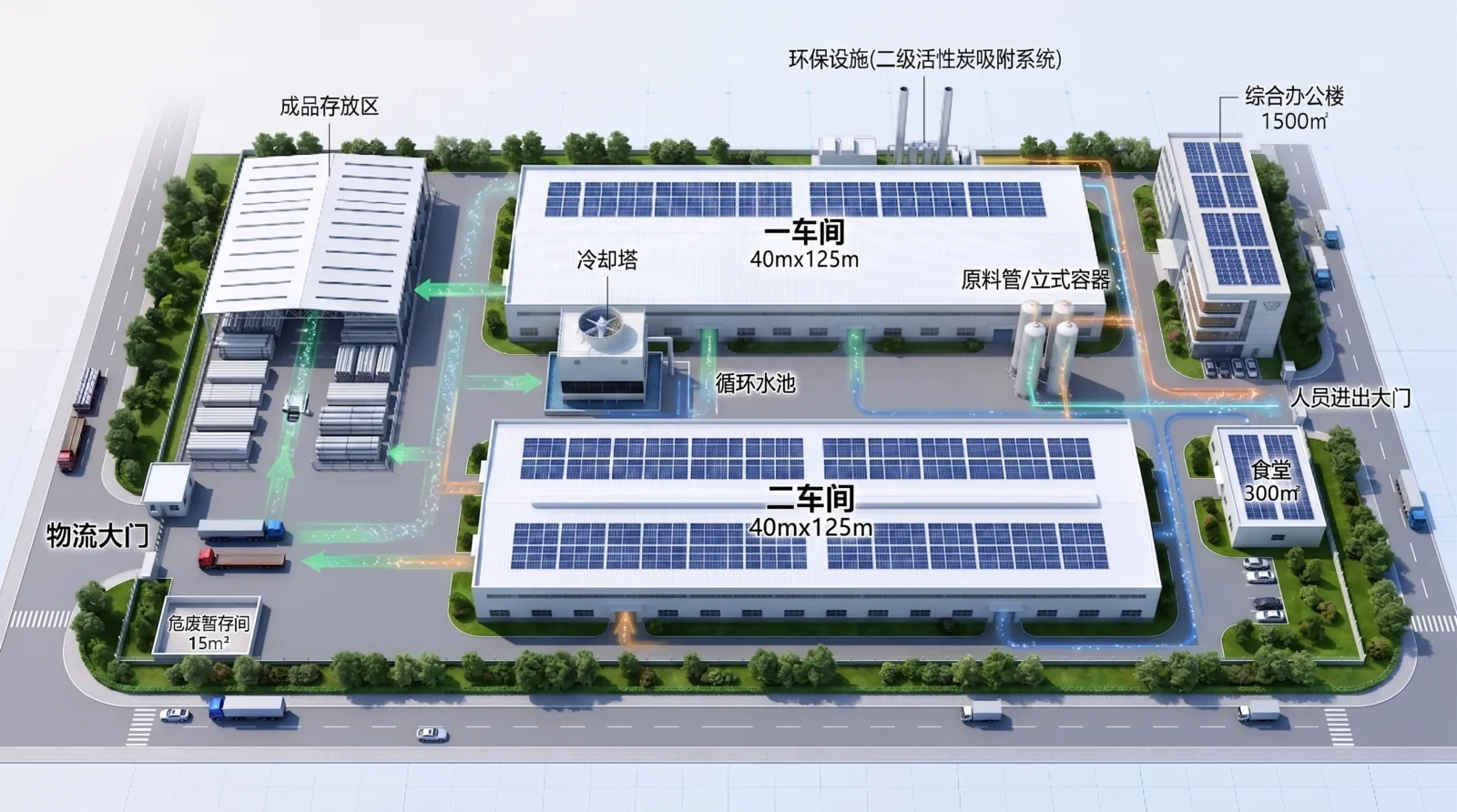 制造厂区三维鸟瞰图，标注车间尺寸、成品存放区、物流大门与危废暂存间