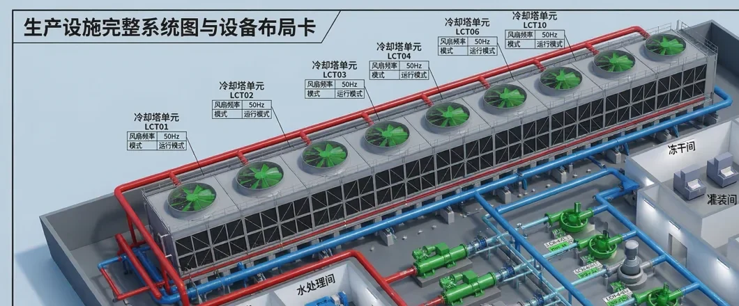 工业制冷机房沙盘局部：一排十格机械通风冷却塔，每格顶部一台轴流风机，红色热水主管沿塔顶分配，蓝色冷水管从塔底引出