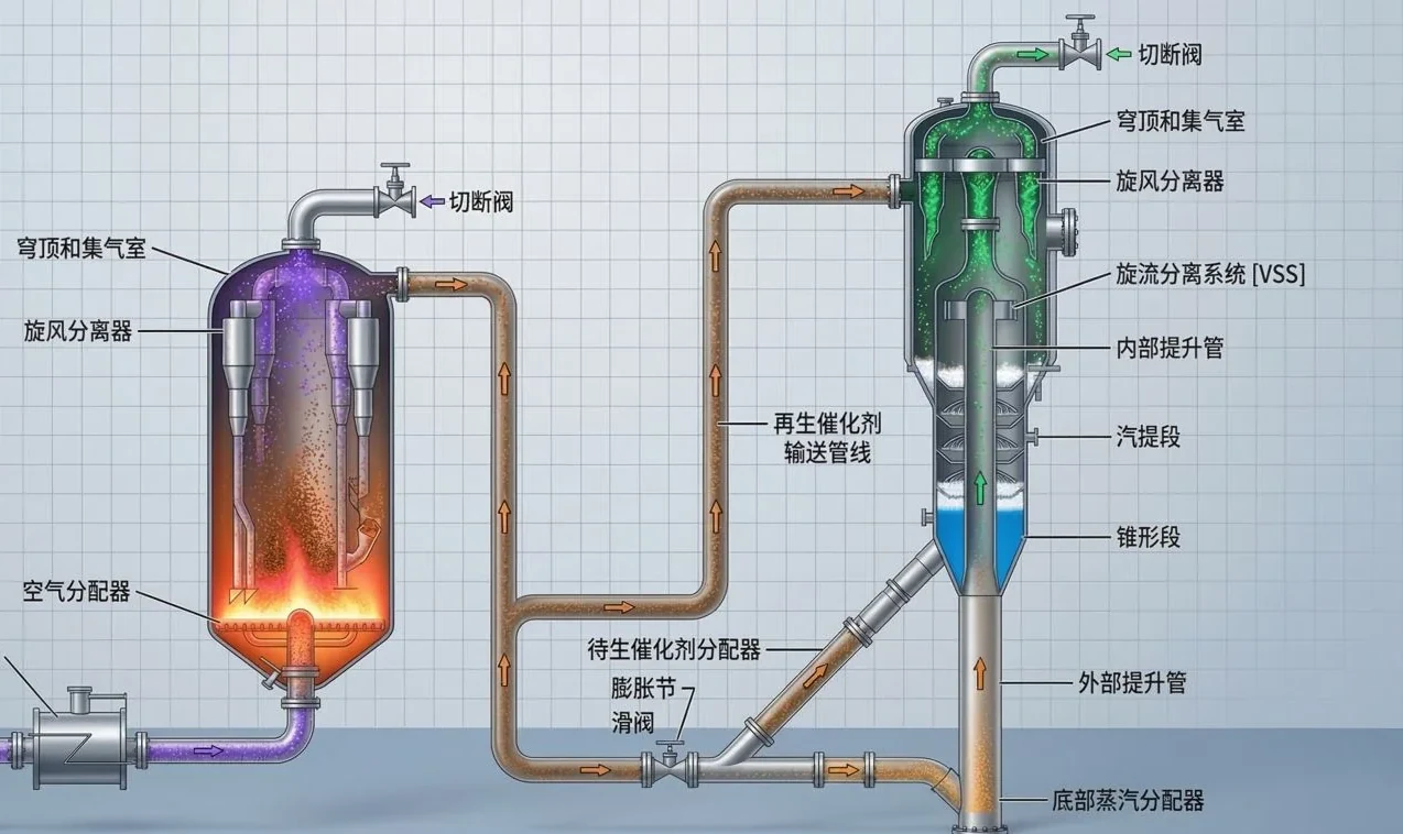 催化裂化反应—再生系统实物效果图：再生器与反应器并立，两根斜管相连，标注穹顶集气室、旋风分离器、汽提段等部件