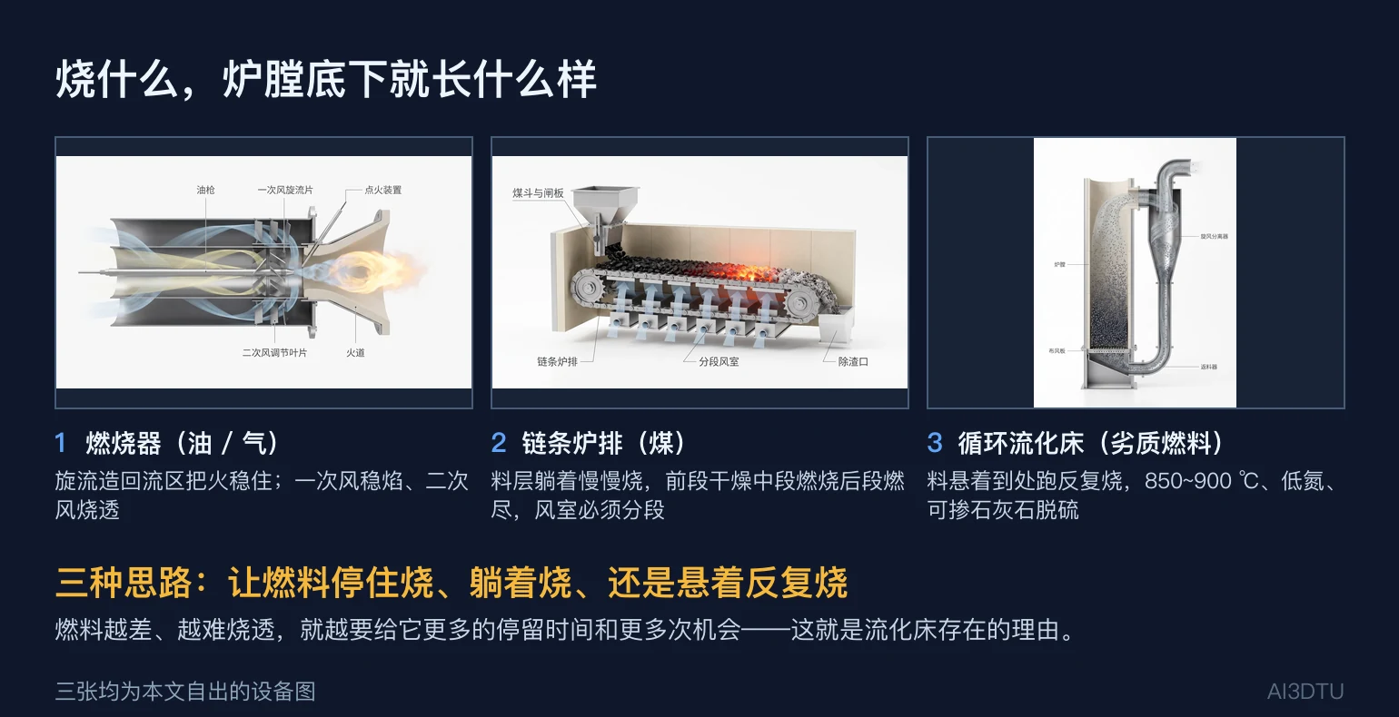 三种燃烧设备拼图：旋流燃烧器、链条炉排、循环流化床