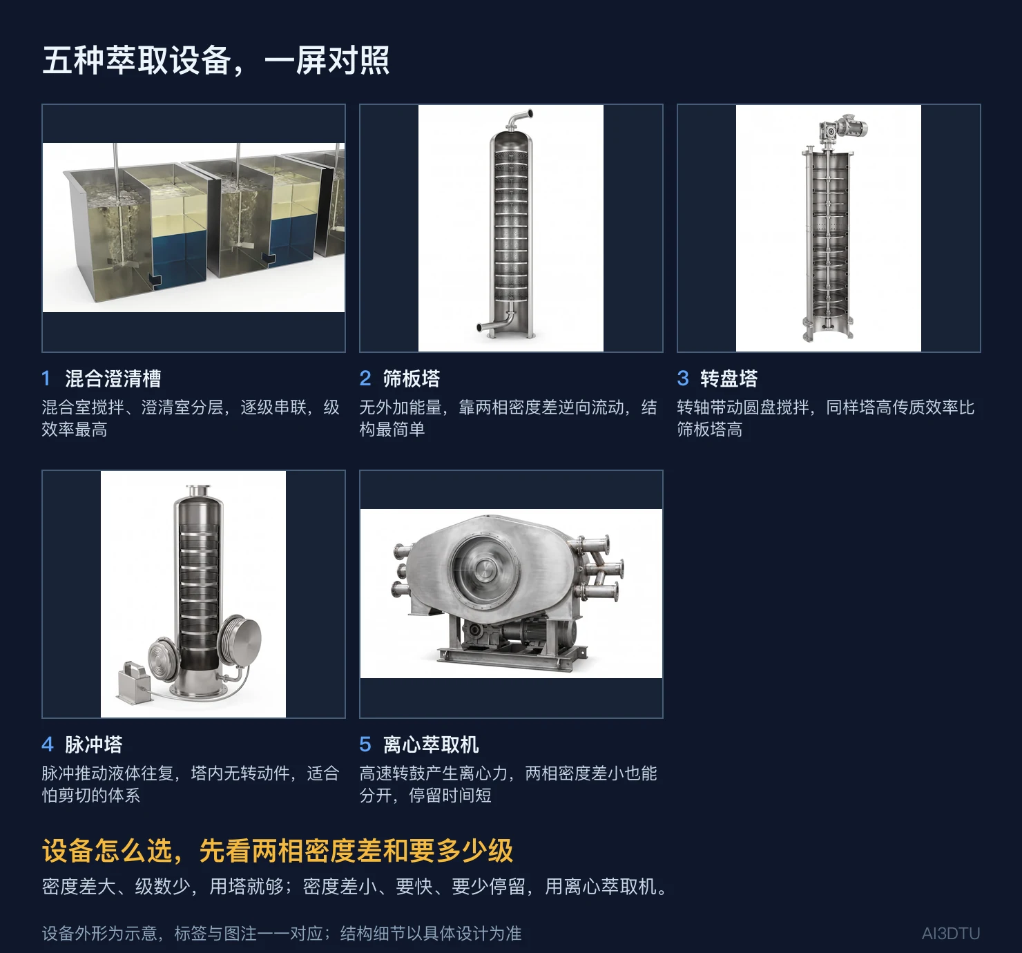 五种萃取设备外形对照：混合澄清槽、筛板塔、转盘塔、脉冲塔、离心萃取机
