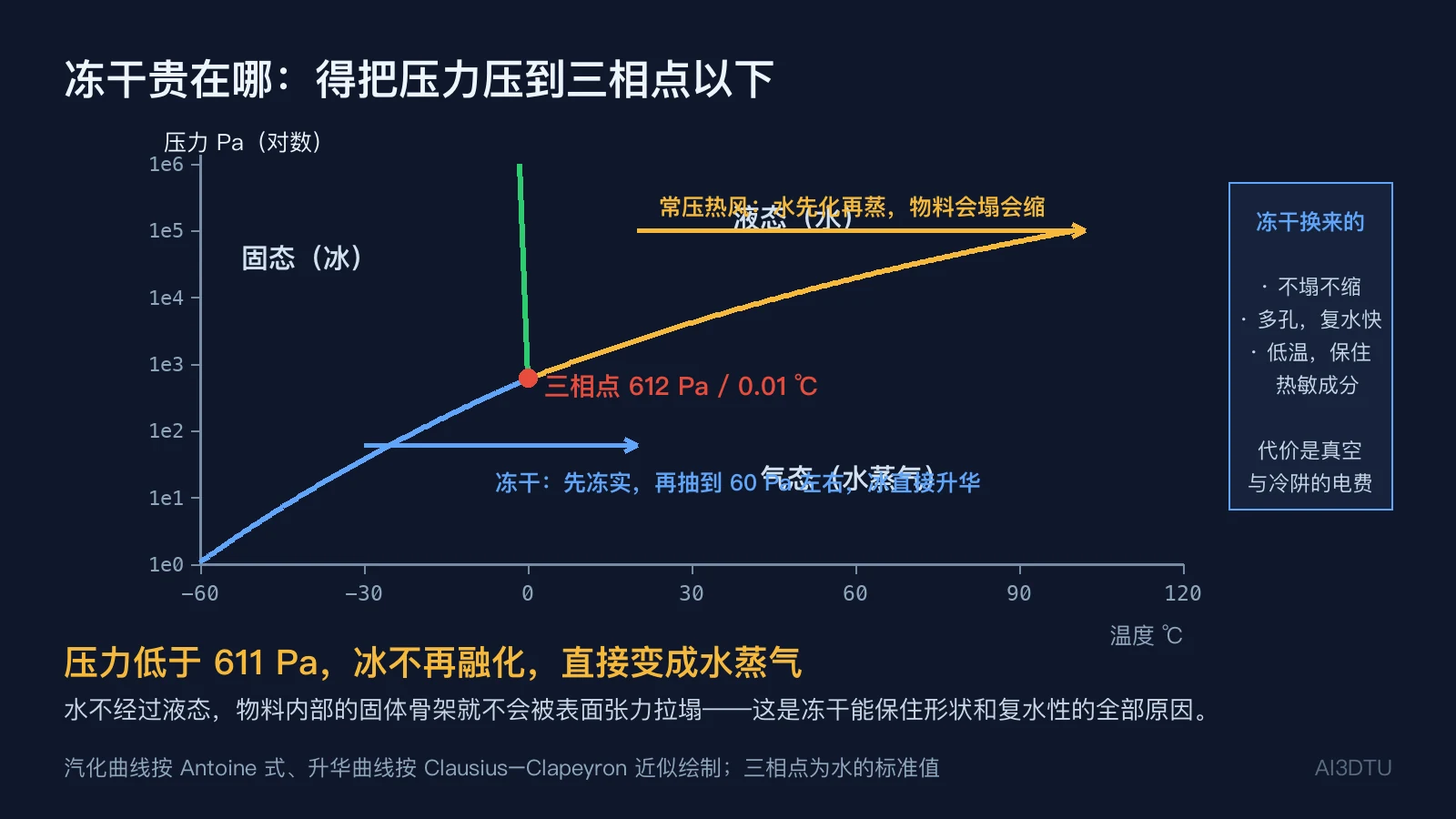 水的相图，标出三相点611Pa/0.01℃、升华曲线、汽化曲线，以及冻干与常压热风两条路径