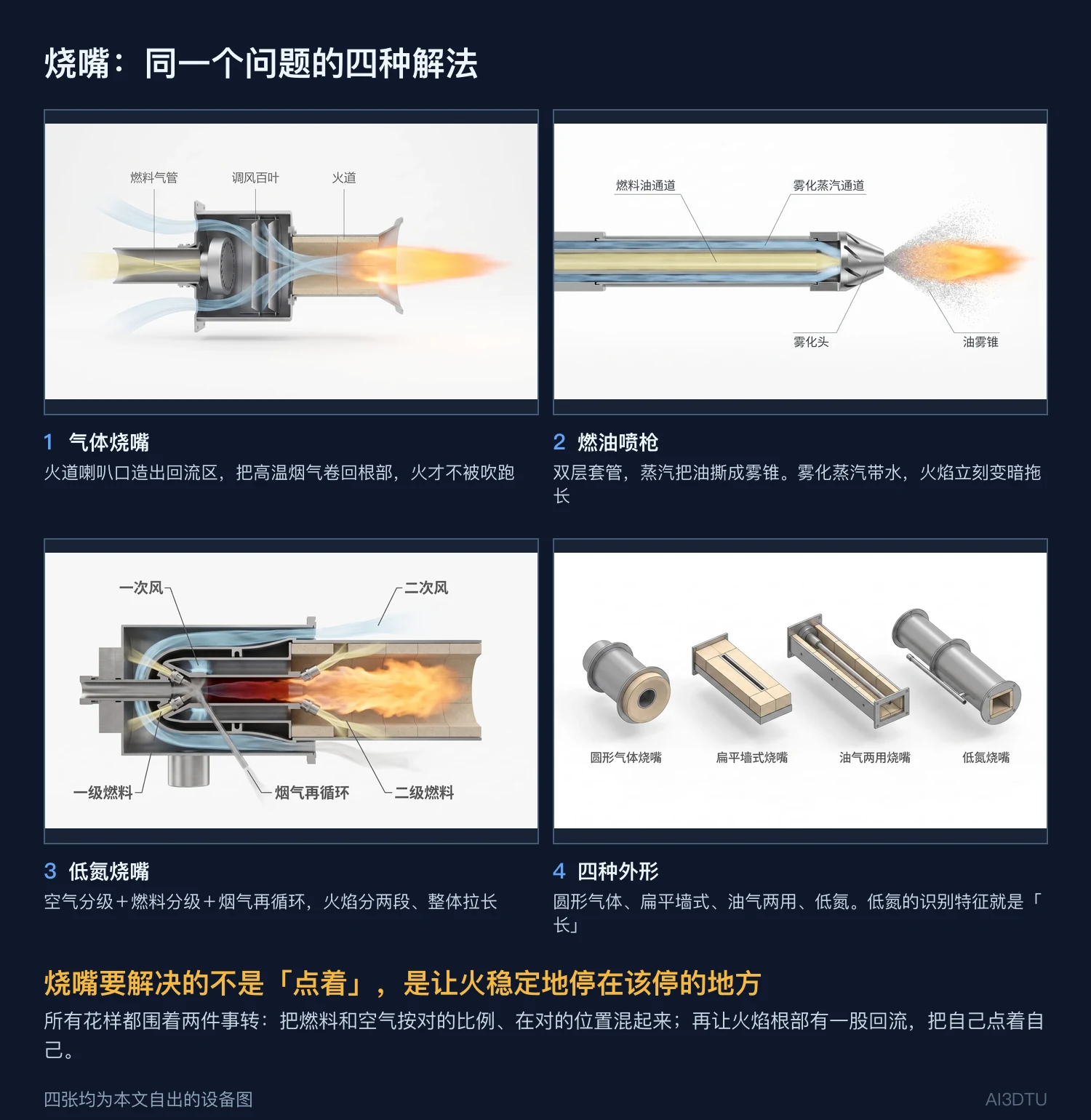 四种烧嘴对比拼图：气体烧嘴、燃油喷枪、低氮烧嘴、四种外形