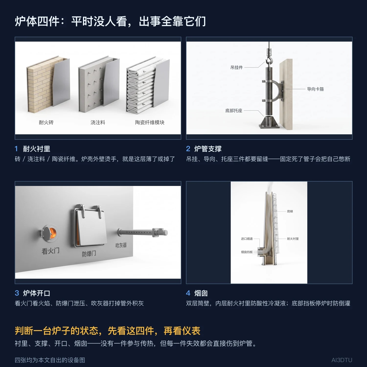 炉体四件拼图：耐火衬里、炉管支撑、炉体开口、烟囱