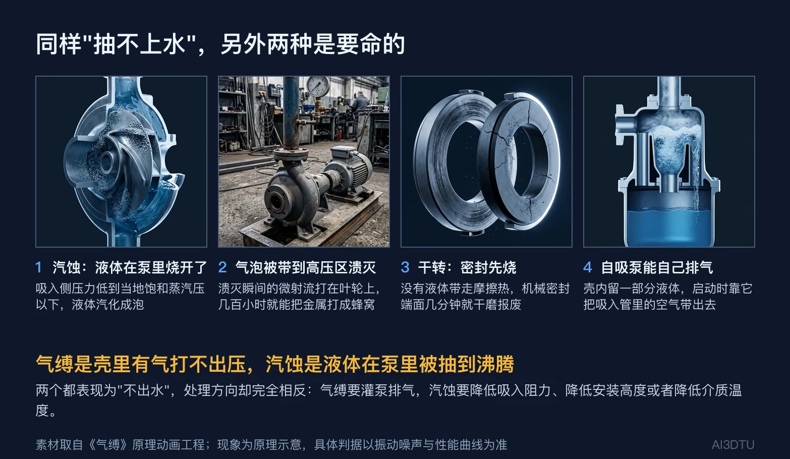 汽蚀与干转四格：液体在泵内汽化、气泡在高压区溃灭打伤叶轮、干转烧毁机械密封、自吸泵自行排气
